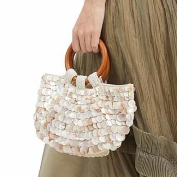 Bohemian Embellished/Seashell Beaded Clutch/Wooden Top Handle/Shell Purse - Picture 9 of 14